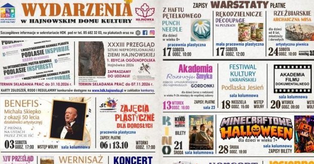 Hajnowski Dom Kultury przygotował na październik 2026 roku koncerty, wystawy, warsztaty i wydarzenia dla dzieci. W programie znajdują się również dwa konkursy, z terminami składania prac przypadającymi na 31 października i 7 listopada.